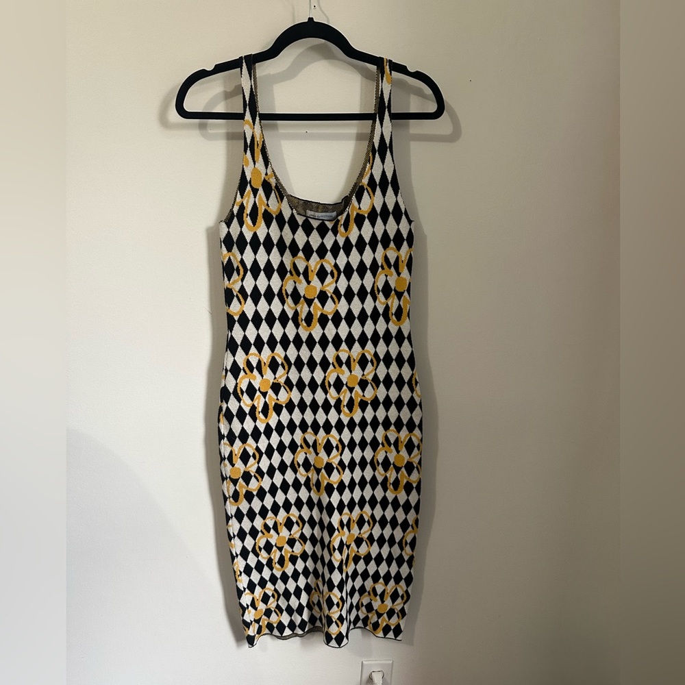 Urban Outfitters Black and White Harlequin Knit Dress with Yellow Flowers